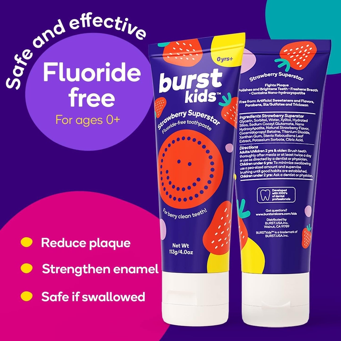 BURST kids Strawberry Kids Toothpaste Fluoride-Free - 2 PACK