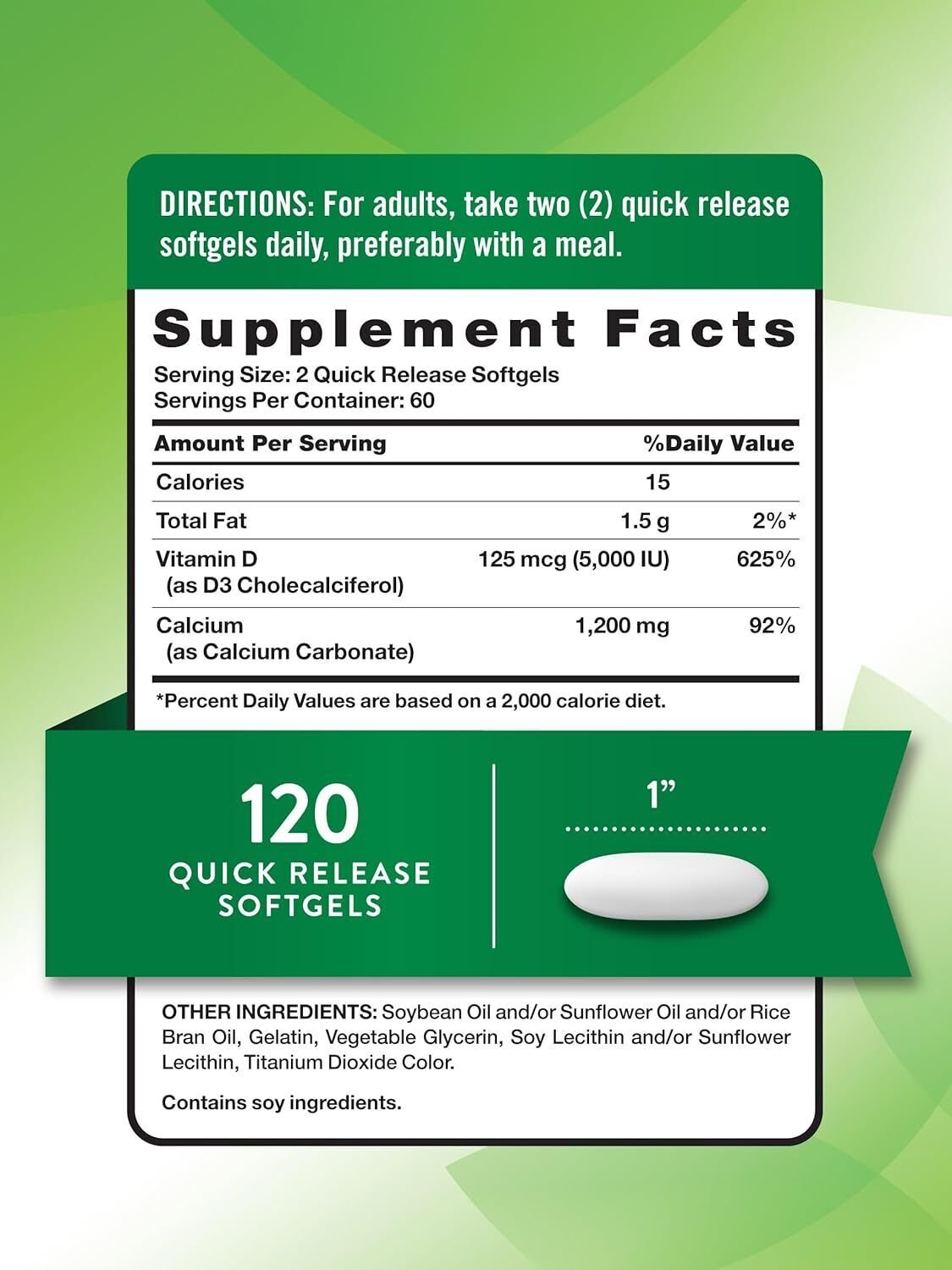 Absorbable Calcium 1200mg Plus with D-3 5000 IU 120 Softgels Non-GM) Gluten Free