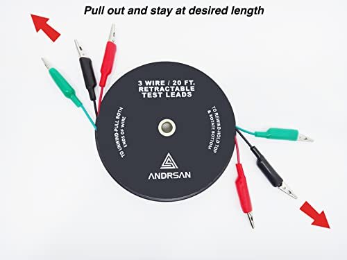 ANDRSAN 3 Wire 20' Retractable Test Leads 18 Gauge Aligator Clips in Reel