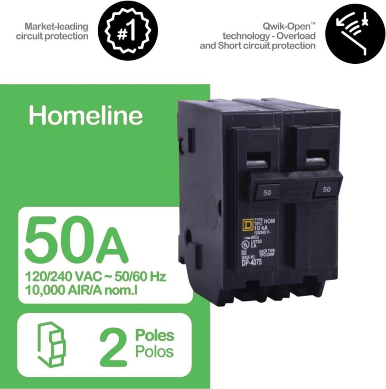 Plug in Circuit Breaker, HOM, Number of Poles 2, 50 Amps, 120/240VAC, Standard