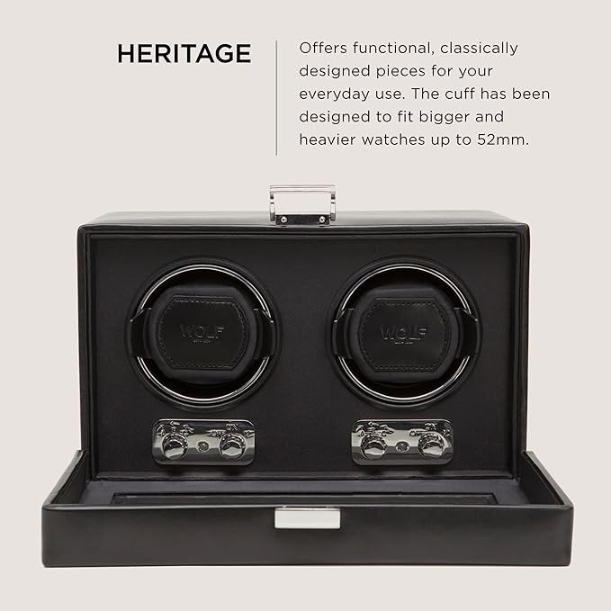 WOLF Heritage Double Winder with Glass Cover, Black - Secure Fit with Patented D