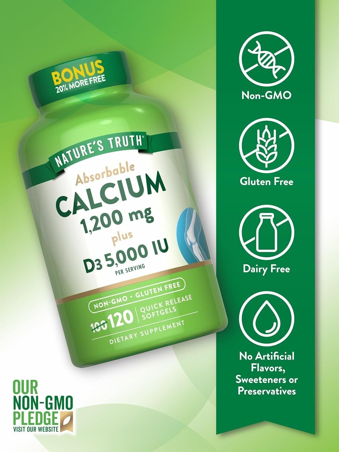 Absorbable Calcium 1200mg Plus with D-3 5000 IU 120 Softgels Non-GM) Gluten Free