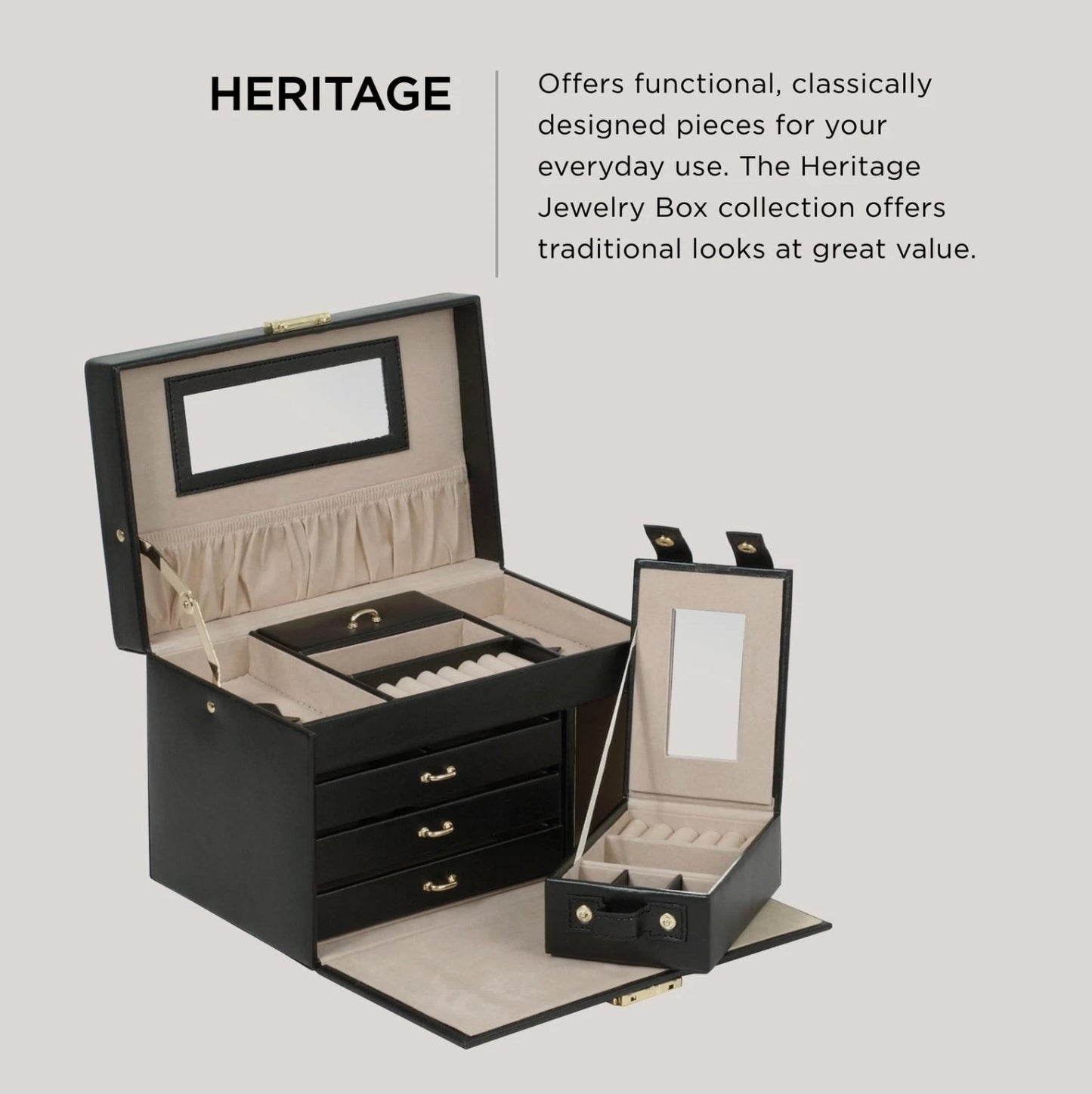 WOLF Heritage Small Jewelry Box, Black - 10 Compartments & Seven Ring Rolls