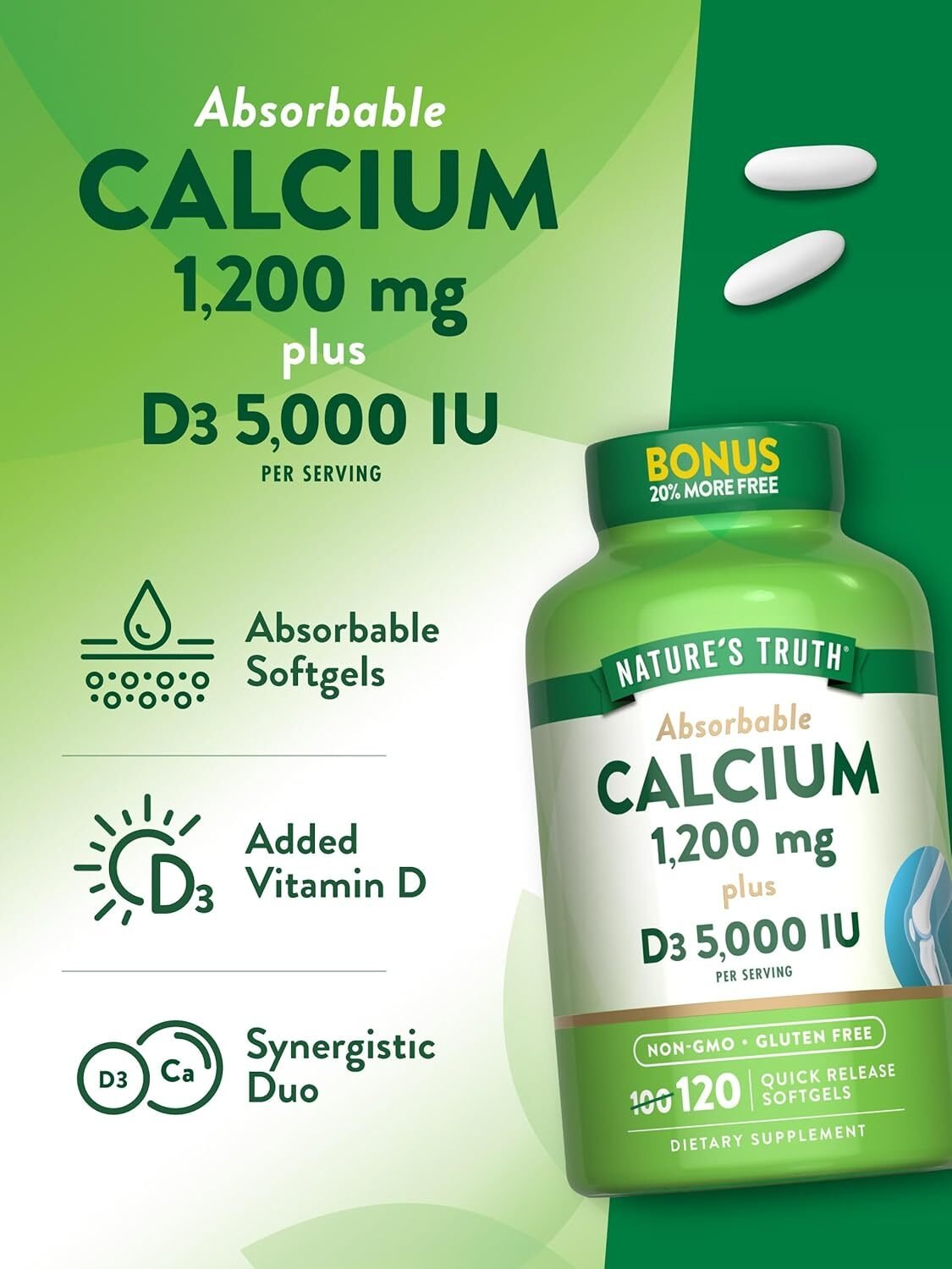 Absorbable Calcium 1200mg Plus with D-3 5000 IU 120 Softgels Non-GM) Gluten Free