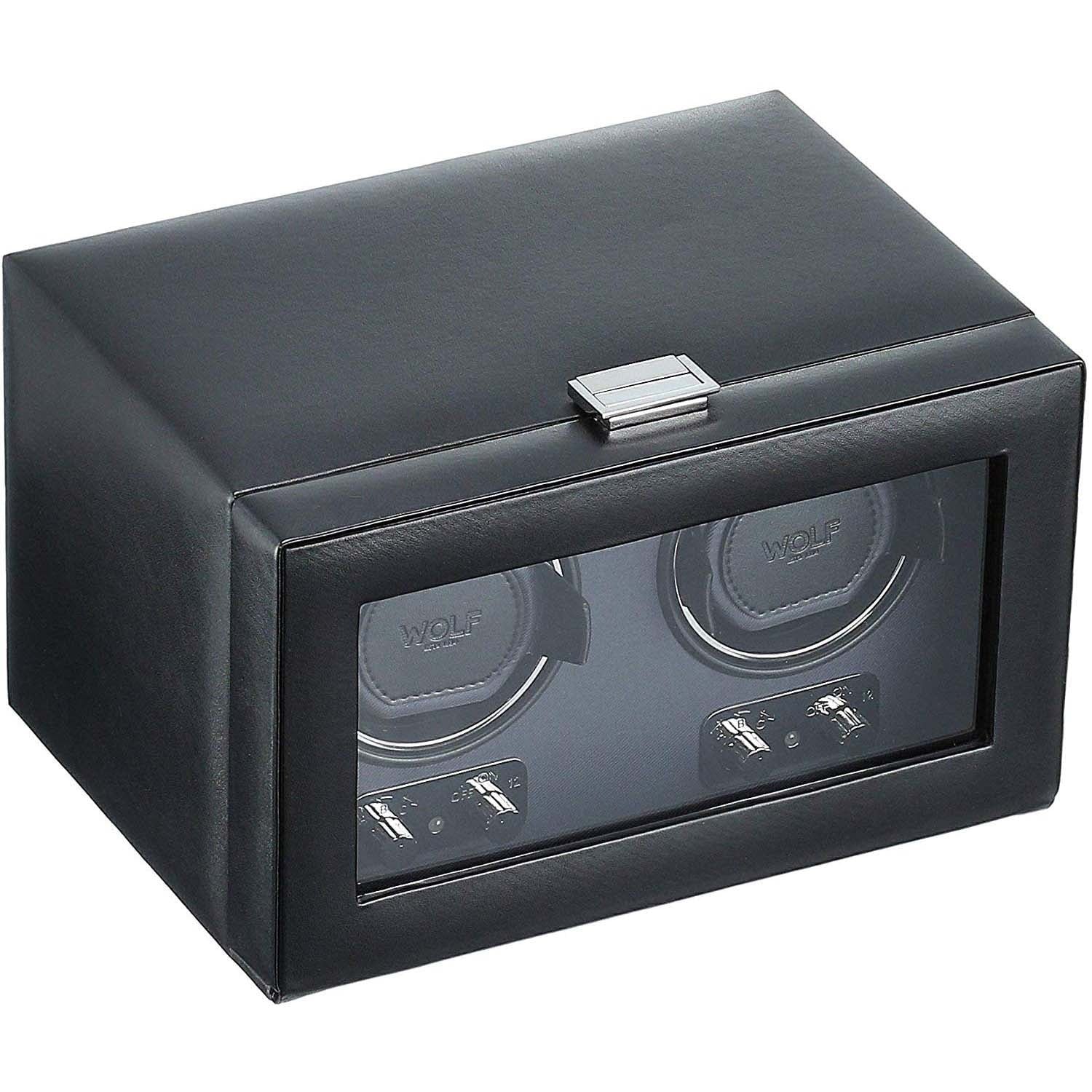 WOLF Heritage Double Winder with Glass Cover, Black - Secure Fit with Patented Dynamic Lock-In Cuff - For Bigger, Heavier Watches - Vegan Leather - Includes Universal Adapter