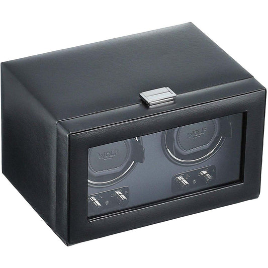 WOLF Heritage Double Winder with Glass Cover, Black - Secure Fit with Patented Dynamic Lock-In Cuff - For Bigger, Heavier Watches - Vegan Leather - Includes Universal Adapter