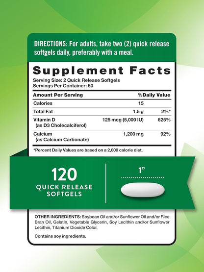 Absorbable Calcium 1200mg Plus with D-3 5000 IU 120 Softgels Non-GM) Gluten Free