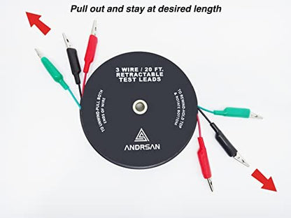 ANDRSAN 3 Wire 20' Retractable Test Leads 18 Gauge Aligator Clips in Reel