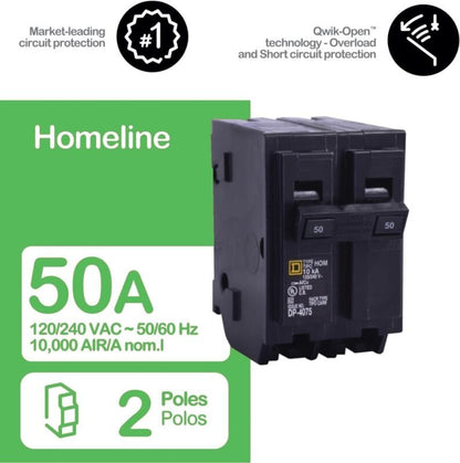 Plug in Circuit Breaker, HOM, Number of Poles 2, 50 Amps, 120/240VAC, Standard