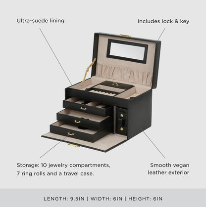 WOLF Heritage Small Jewelry Box, Black - 10 Compartments & Seven Ring Rolls