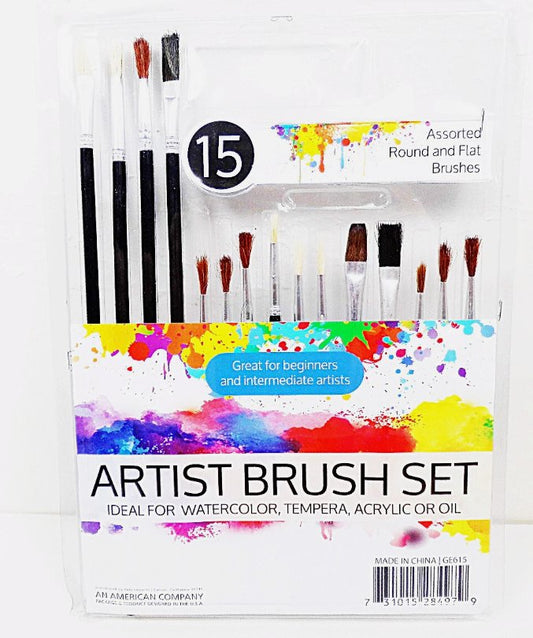Paint Brush Set 15 Camel Hair Art Brushes Bristles Long Short Wood - pack of 2