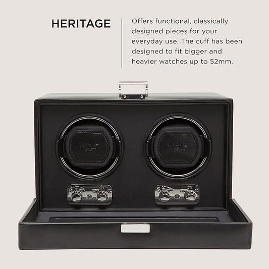 WOLF Heritage Double Winder with Glass Cover, Black - Secure Fit with Patented D