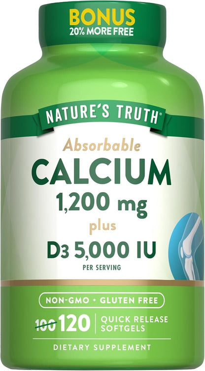 Absorbable Calcium 1200mg Plus with D-3 5000 IU 120 Softgels Non-GM) Gluten Free