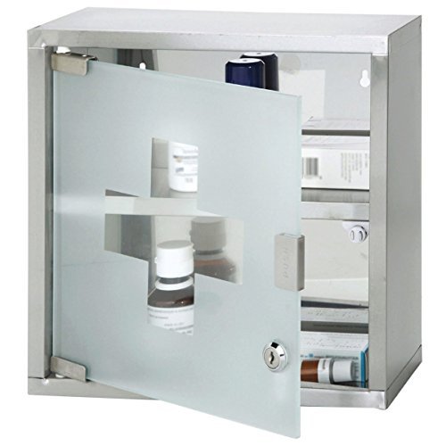 Kole Import Inc. Lockable Medicine Cabinet, Silver, 12" x 12" x 5", 2 Levels, 2 Shelves, Wall Mount, Contemporary Style, Keyed Lock
